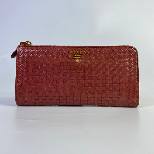 Prada Woven Long Wallet Dark Pink