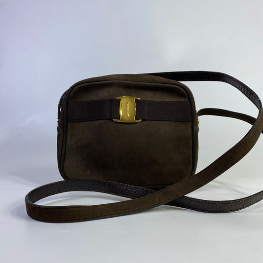 Ferragamo Vara Bow Camera Bag Suede Brown