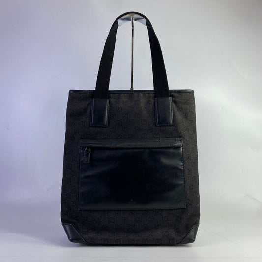 Gucci GG Canavas Tote Black Front Zip Pocket