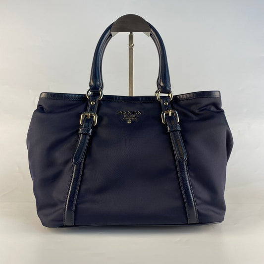 Prada Tessuto Nylon and Leather Tote Bag Navy Blue