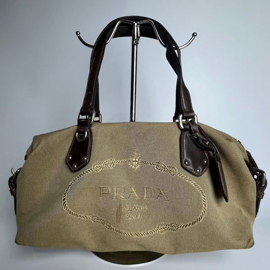 Prada Belted Boston Bag Beige (Brown Trim)