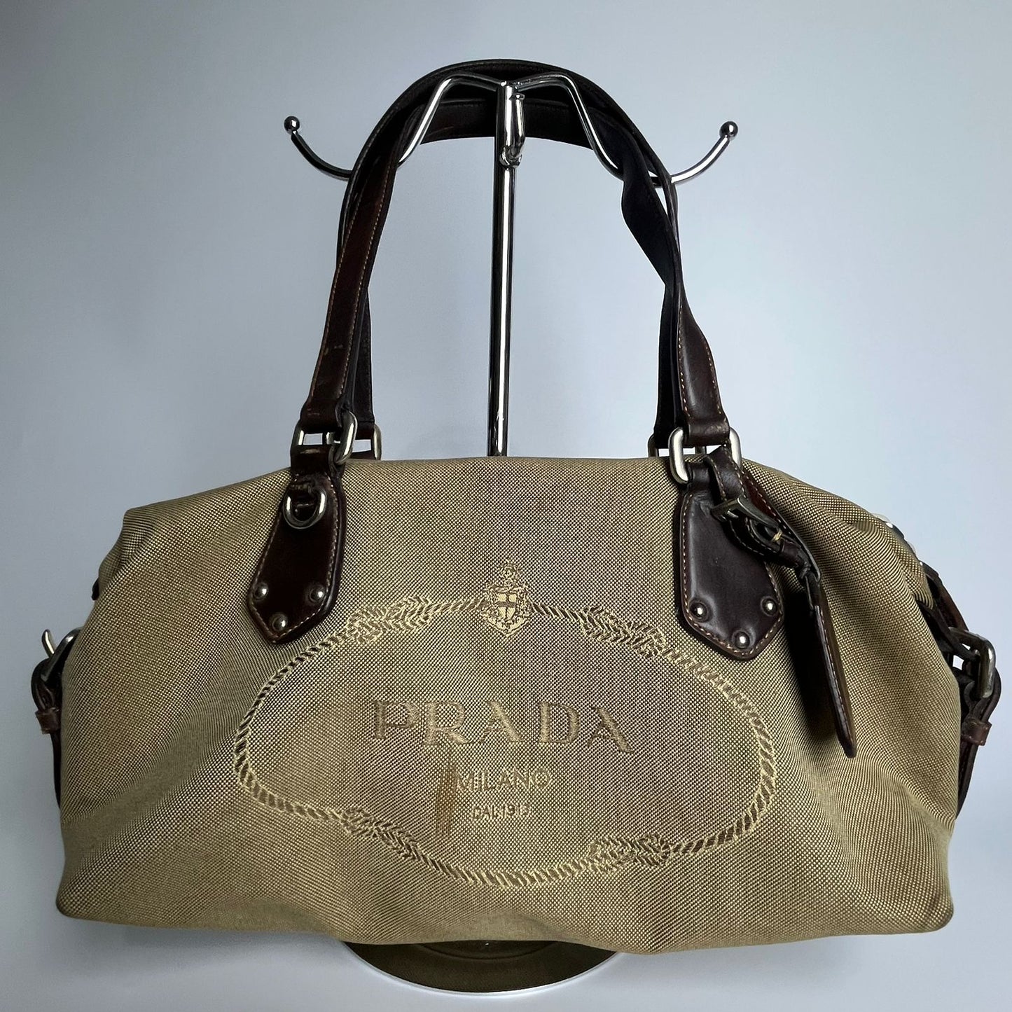 Prada Belted Boston Bag Beige (Brown Trim)