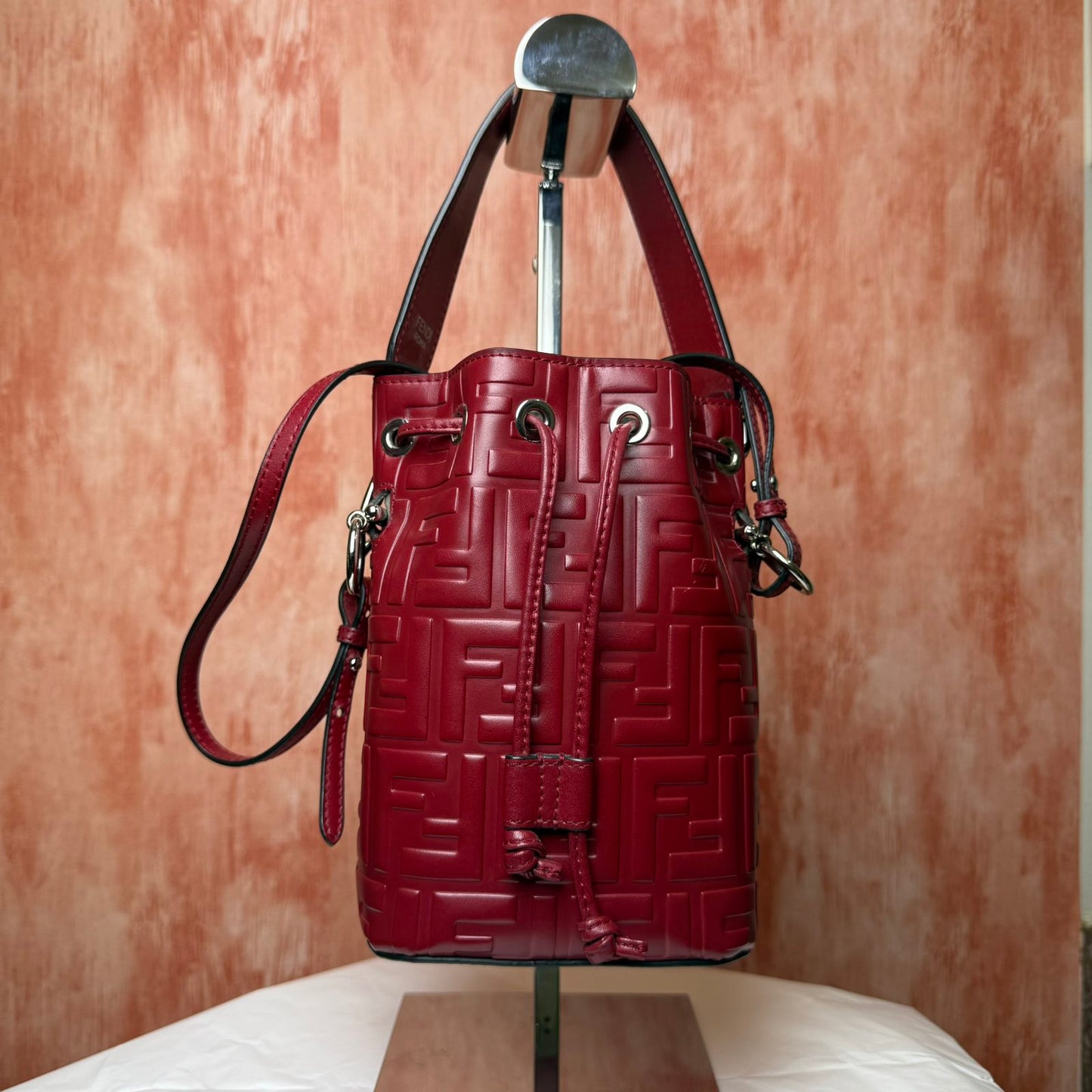 Fendi Embossed Leather Mon Tresor Mini Bucket Bag - Red 4.75" H x 4" W