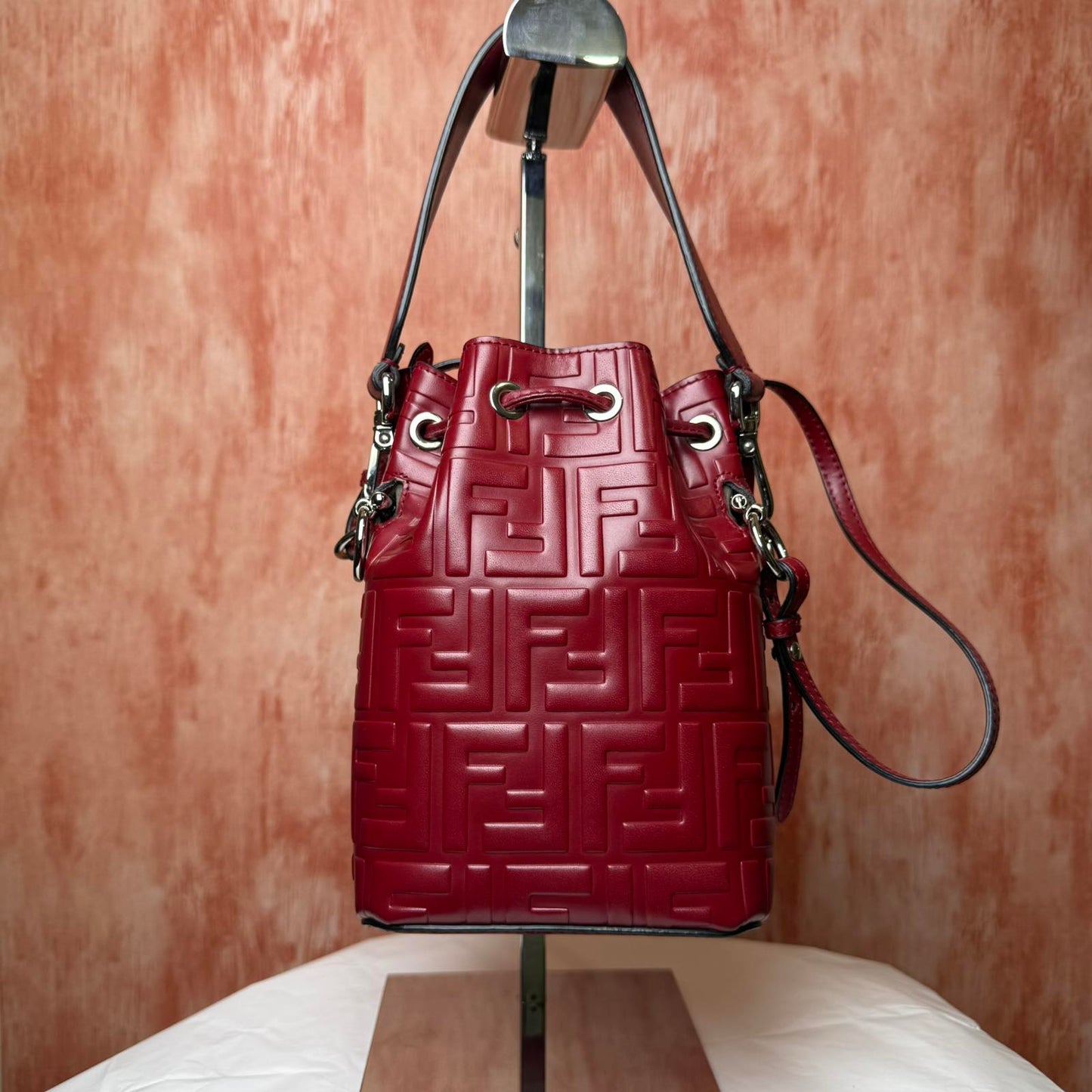 Fendi Embossed Leather Mon Tresor Mini Bucket Bag - Red 4.75" H x 4" W