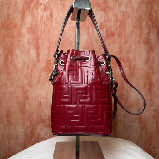 Fendi Embossed Leather Mon Tresor Mini Bucket Bag - Red 4.75" H x 4" W