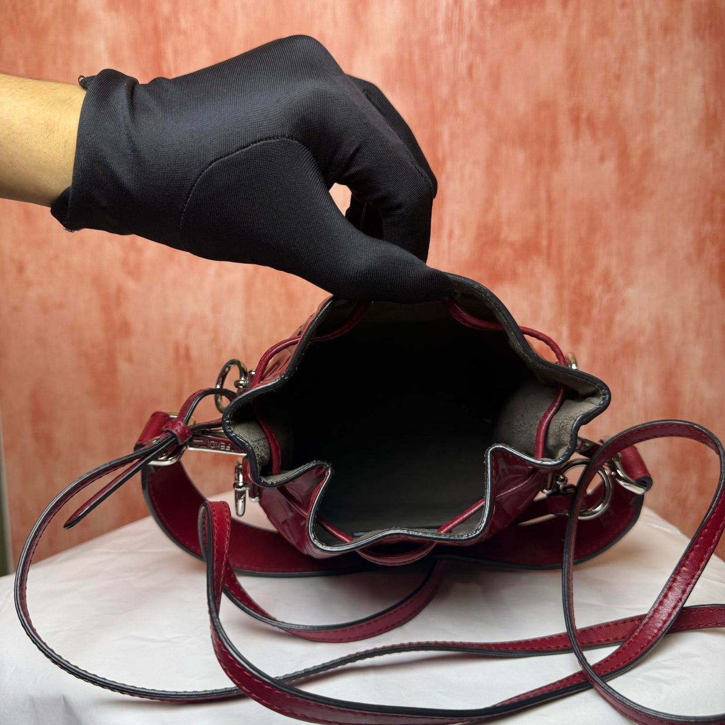 Fendi Embossed Leather Mon Tresor Mini Bucket Bag - Red 4.75" H x 4" W