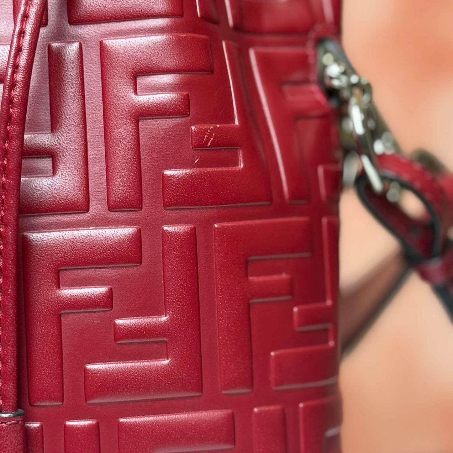 Fendi Embossed Leather Mon Tresor Mini Bucket Bag - Red 4.75" H x 4" W