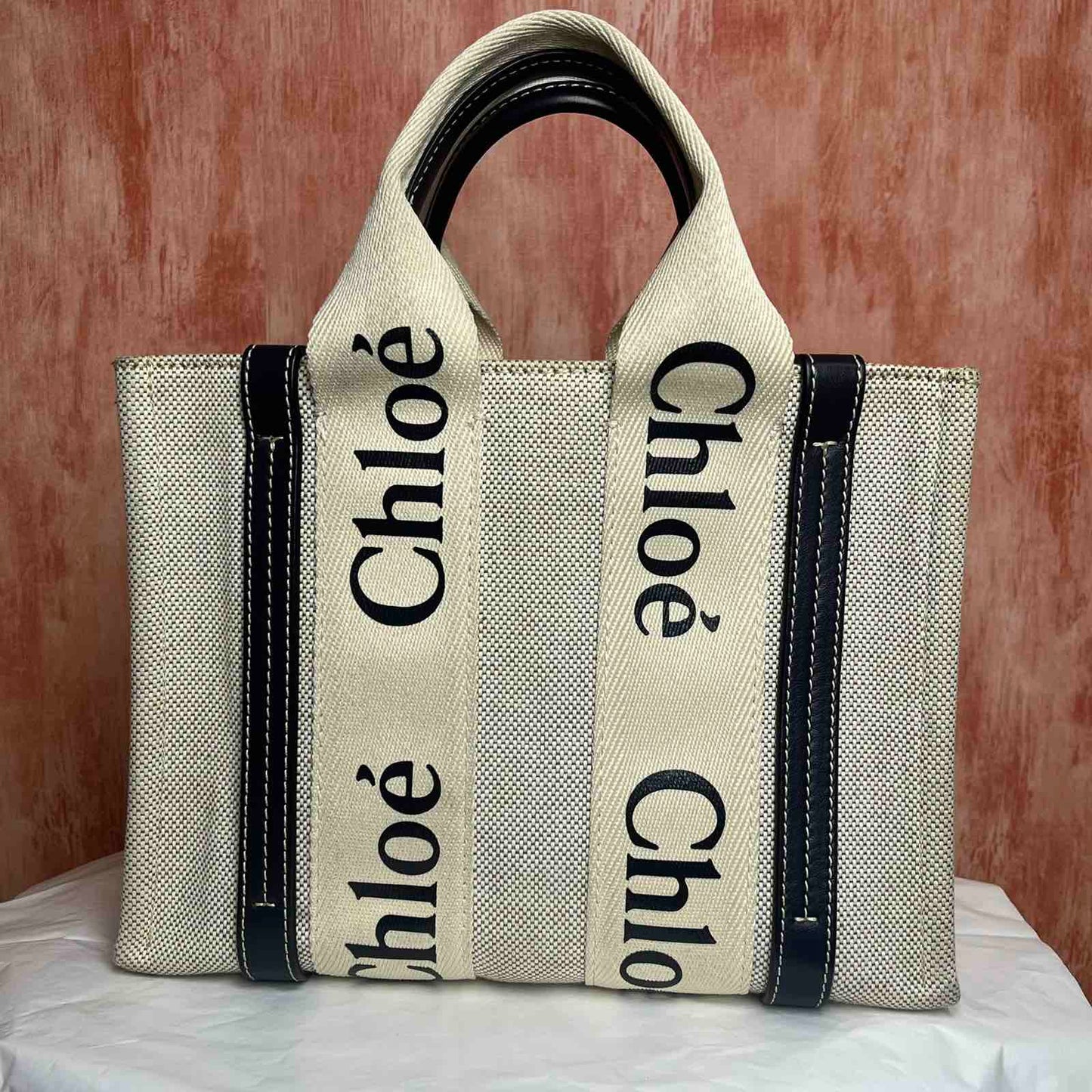Chloe Woody Small Tote - Beige 8.27"H x 9.84"W