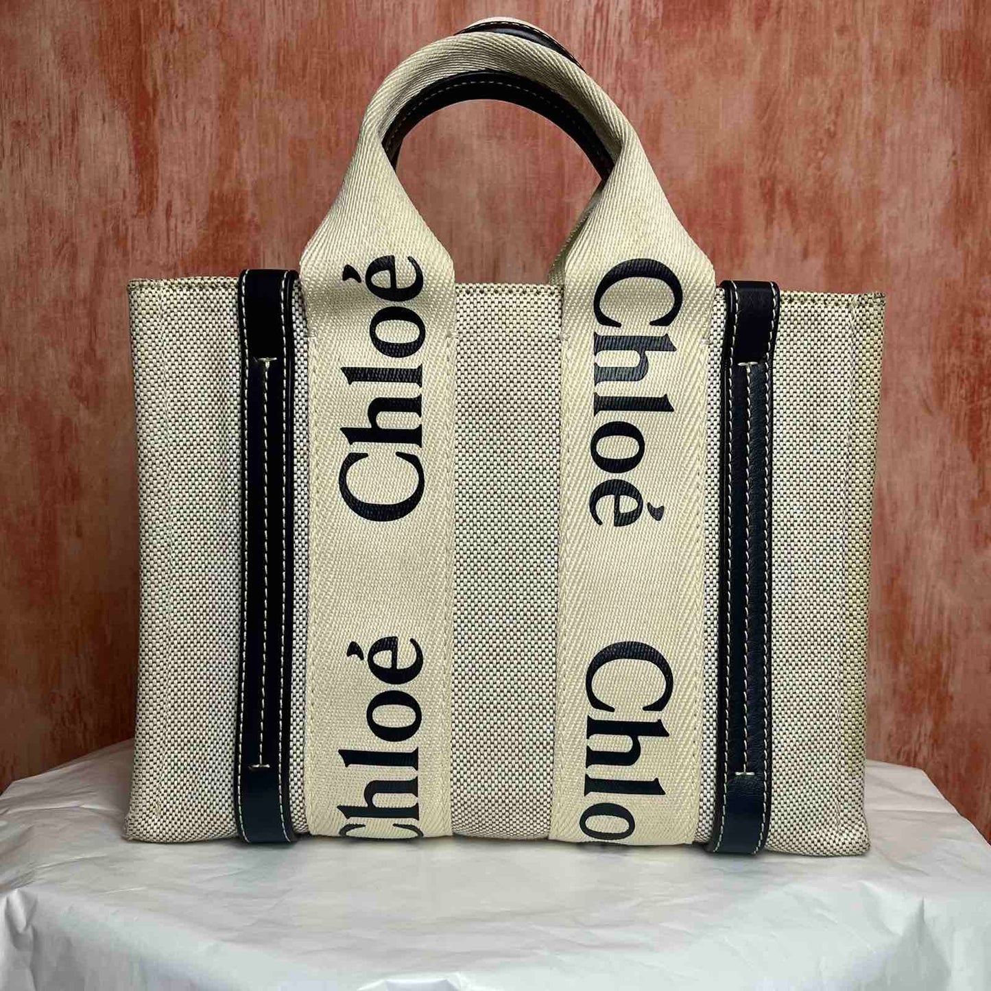 Chloe Woody Small Tote - Beige 8.27"H x 9.84"W