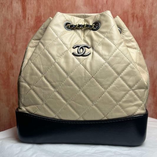 Chanel Gabrielle Backpack - Beige Black 8.9" L x 4.1" W x 9.1" H