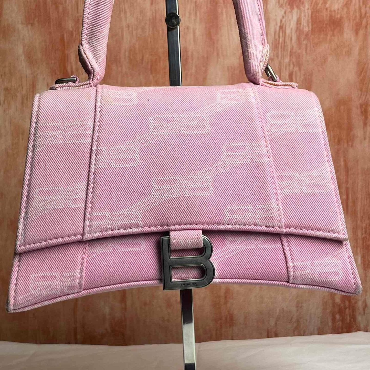 Balenciaga Hourglass Handbag  - Pink in Denim 7.4"L x 5.1"H x 3.1"W