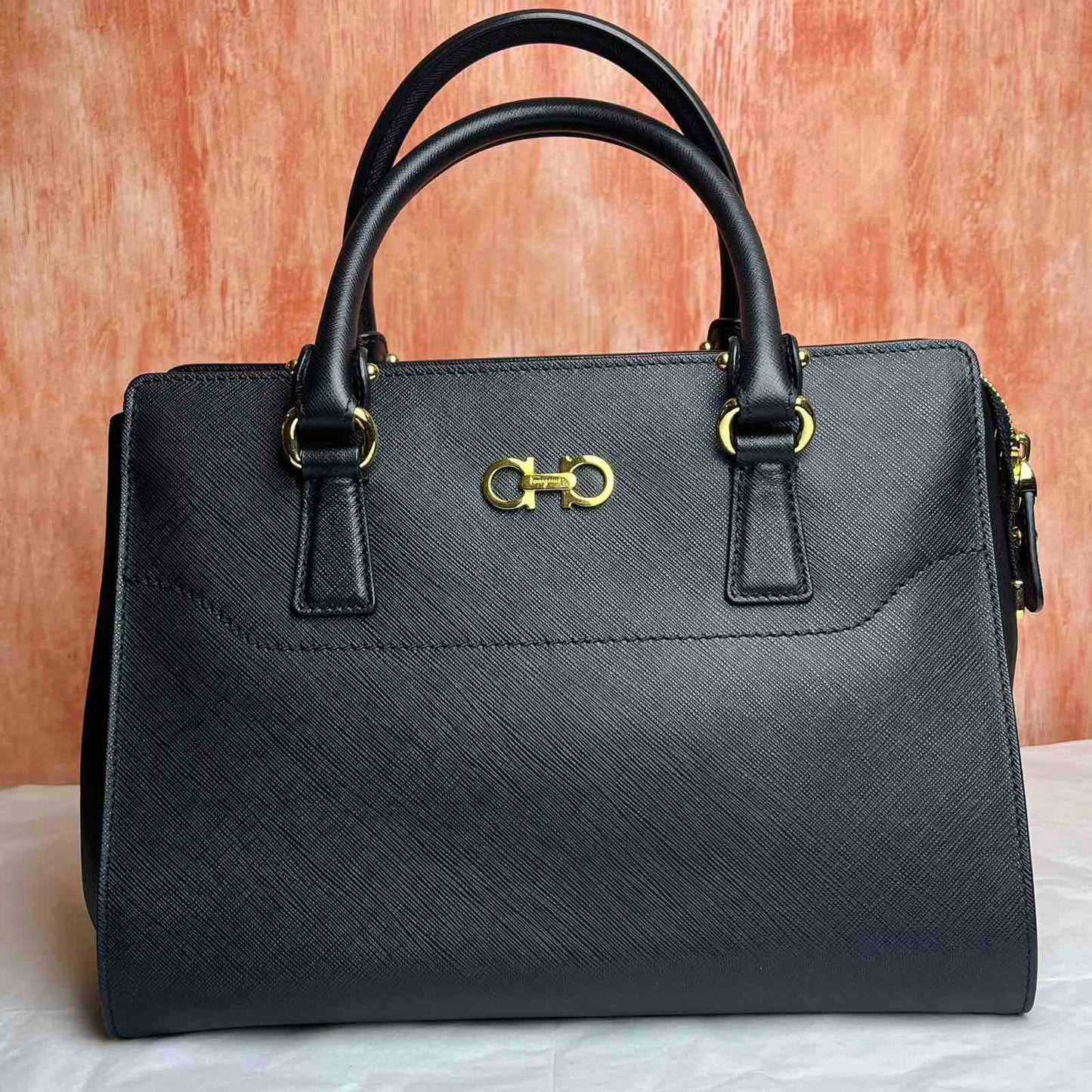 Salvatore Ferragamo Leather Becky Bag – Black 7.9"H x 9.8"L x 4.3"W