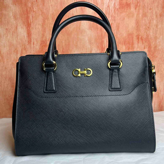 Salvatore Ferragamo Leather Becky Bag – Black 7.9"H x 9.8"L x 4.3"W