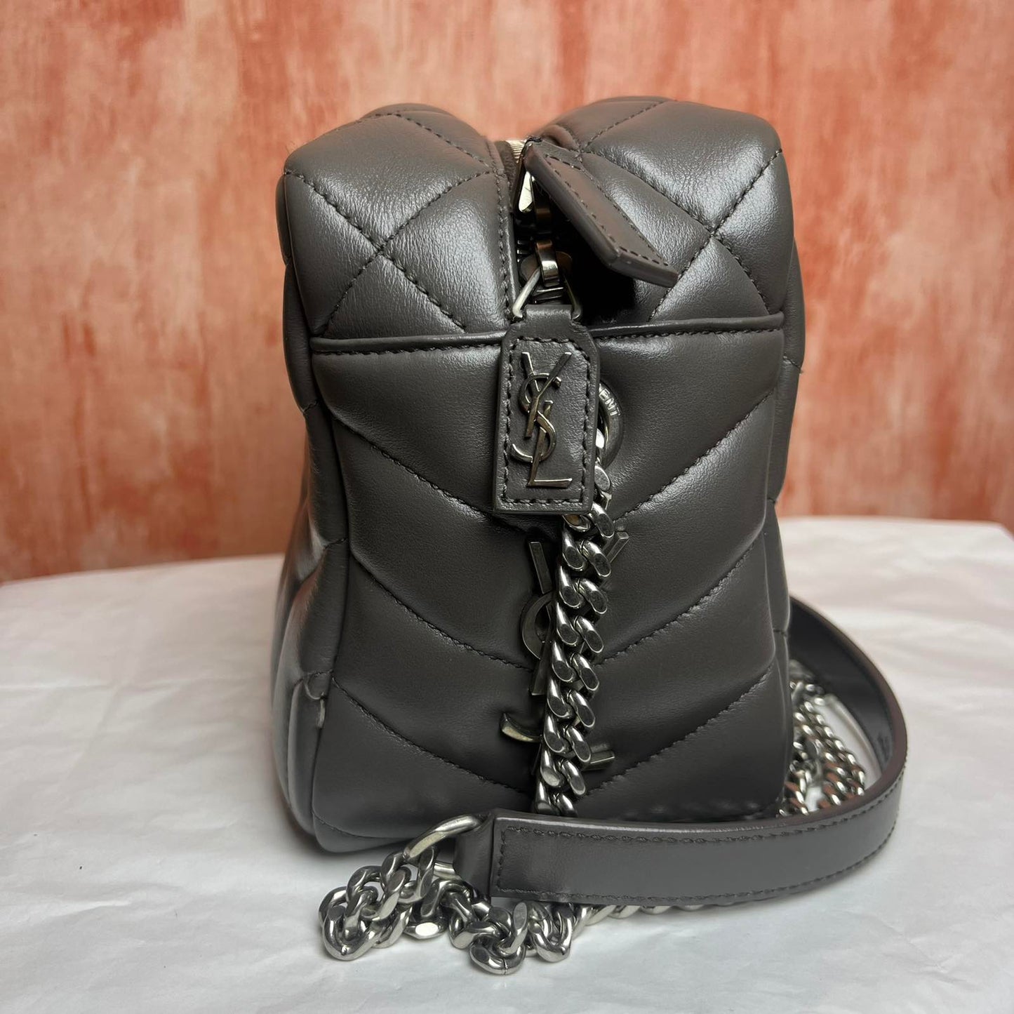 YSL Loulou Bowling Bag Gray – 8.6"H x 12.2"L x 5.5"W