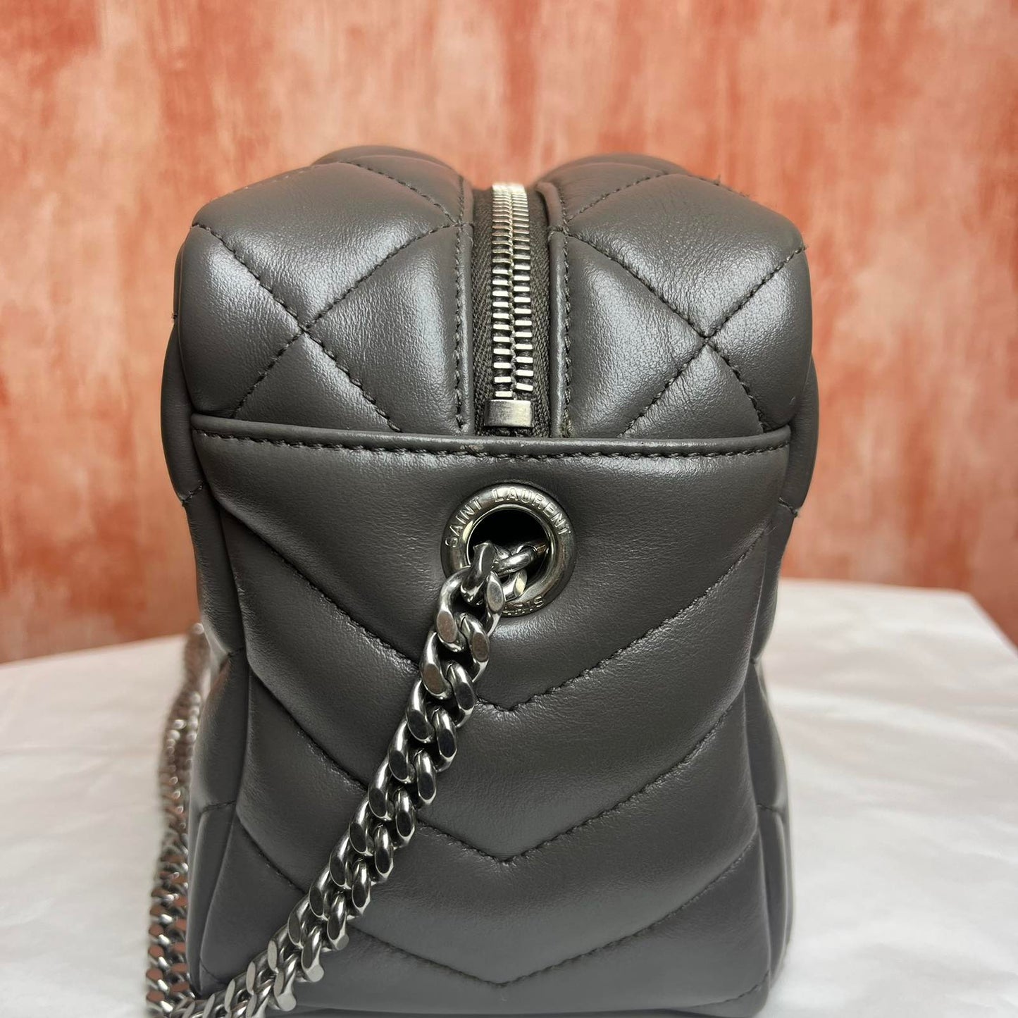 YSL Loulou Bowling Bag Gray – 8.6"H x 12.2"L x 5.5"W