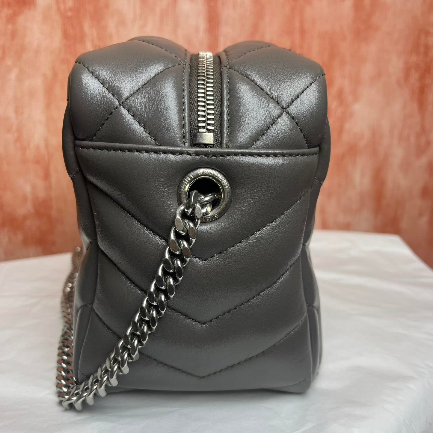 YSL Loulou Bowling Bag Gray – 8.6"H x 12.2"L x 5.5"W