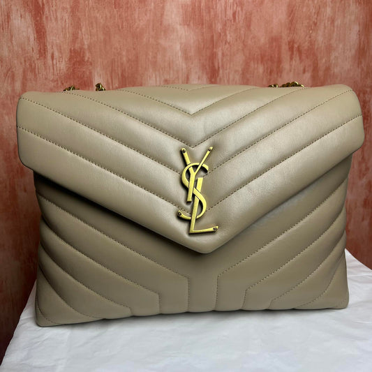 YSL Loulou, Beige – 9.8"H x 12.5"L x 4.7"W