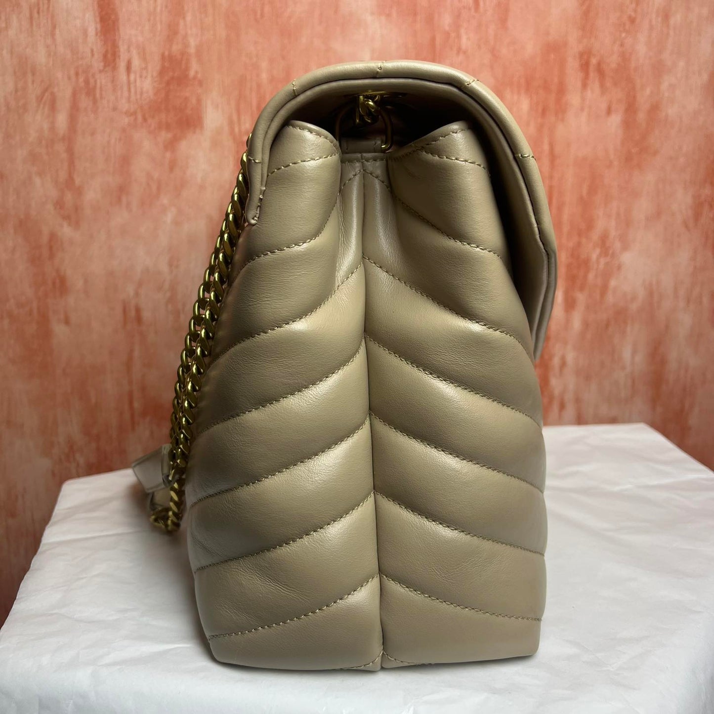 YSL Loulou, Beige – 9.8"H x 12.5"L x 4.7"W