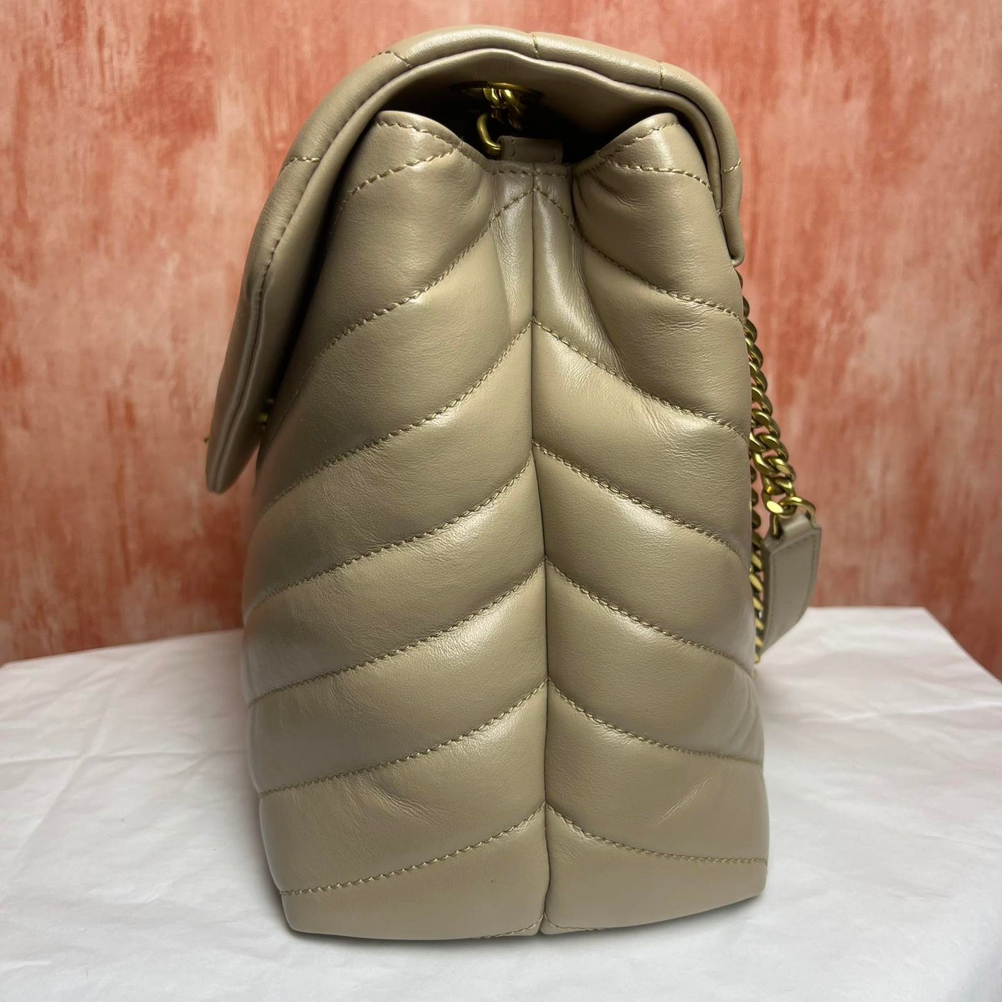 YSL Loulou, Beige – 9.8"H x 12.5"L x 4.7"W