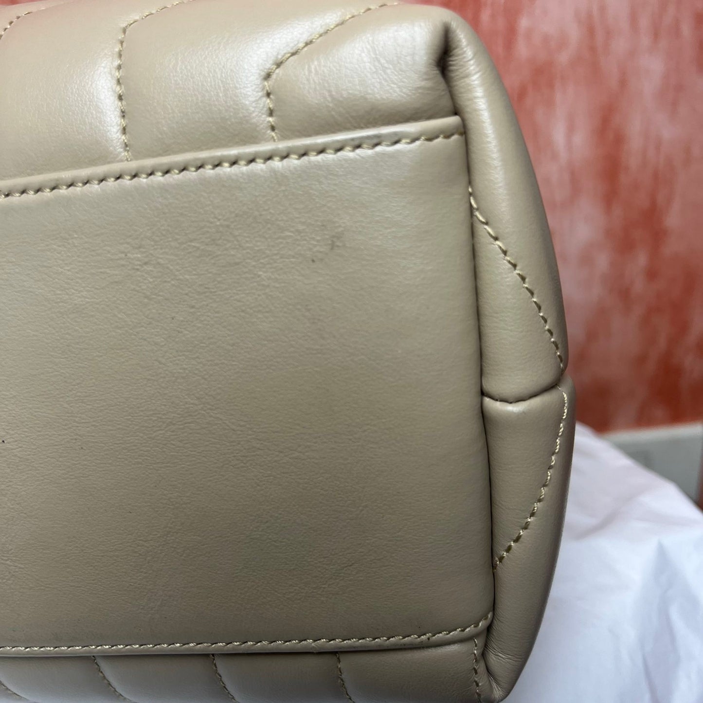 YSL Loulou, Beige – 9.8"H x 12.5"L x 4.7"W