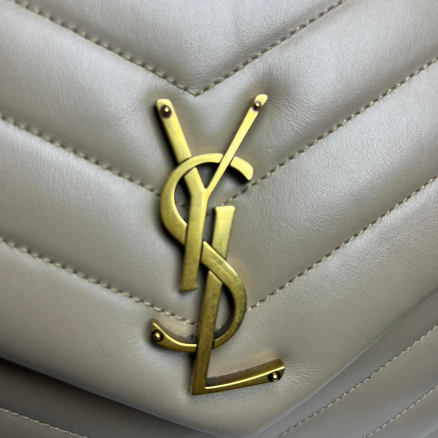YSL Loulou, Beige – 9.8"H x 12.5"L x 4.7"W
