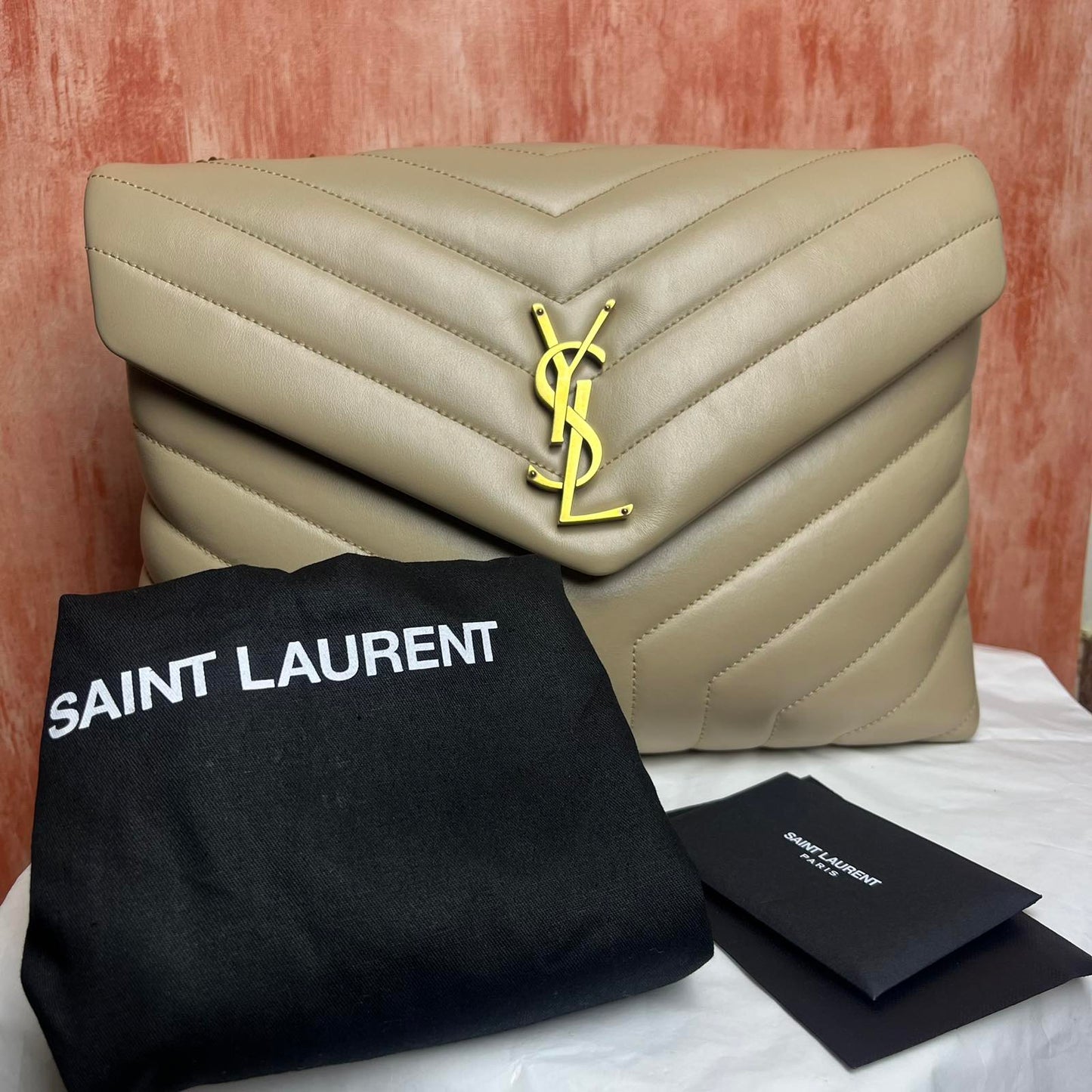 YSL Loulou, Beige – 9.8"H x 12.5"L x 4.7"W