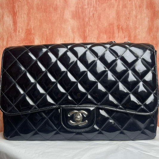 Chanel Classic Jumbo Flap, Patent – Black – 8"H x 12"L x 3.5"W