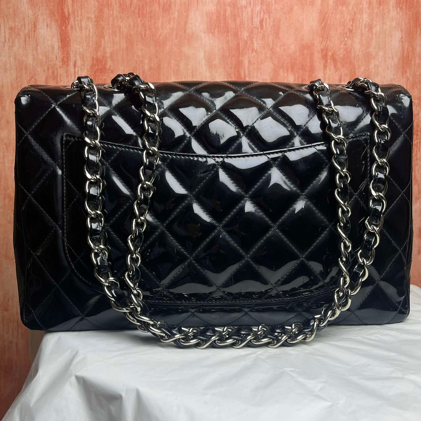 Chanel Classic Jumbo Flap, Patent – Black – 8"H x 12"L x 3.5"W