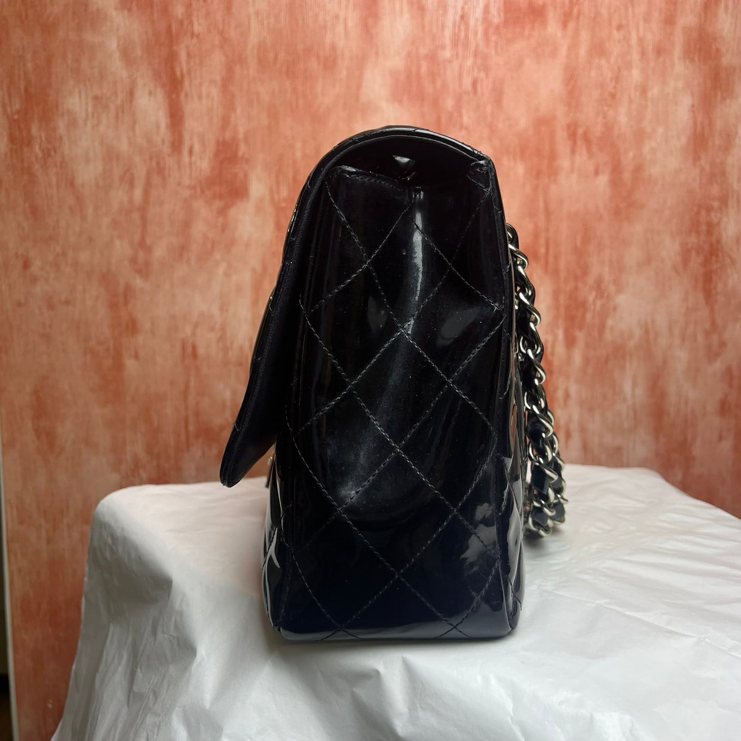Chanel Classic Jumbo Flap, Patent – Black – 8"H x 12"L x 3.5"W