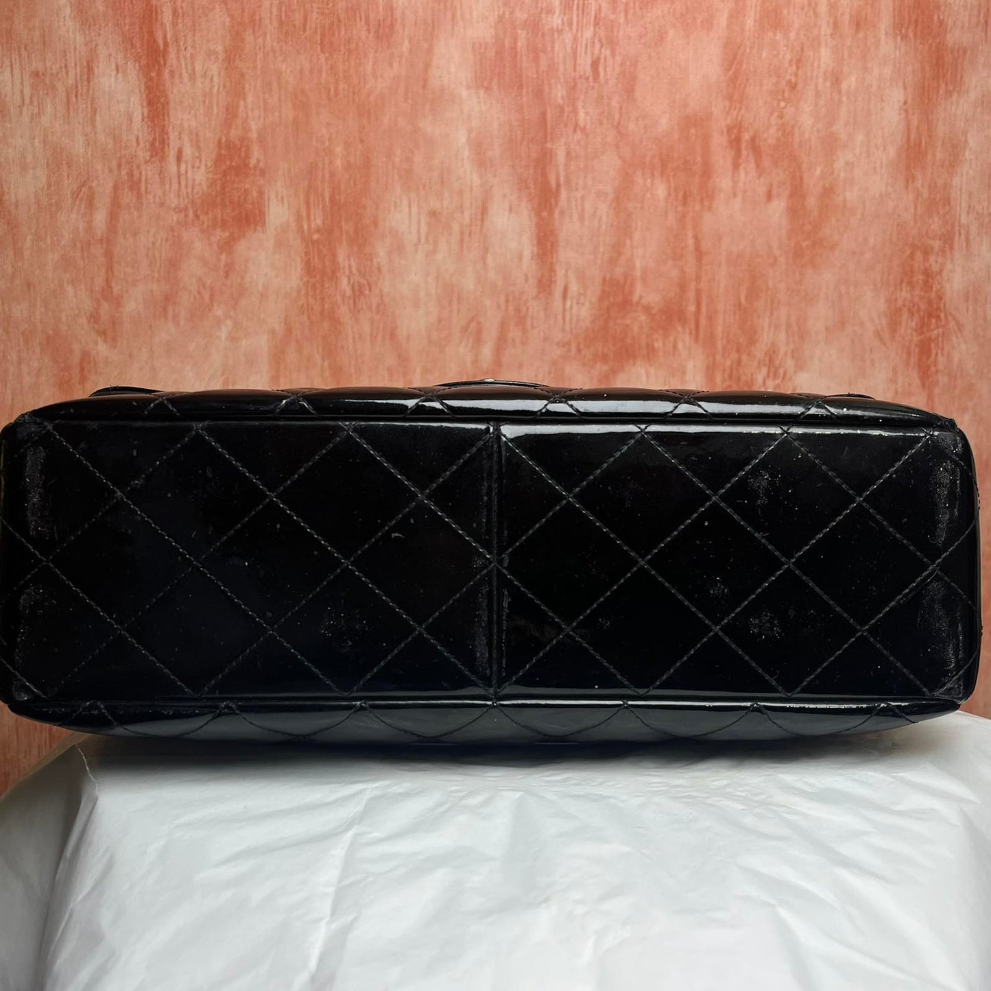 Chanel Classic Jumbo Flap, Patent – Black – 8"H x 12"L x 3.5"W