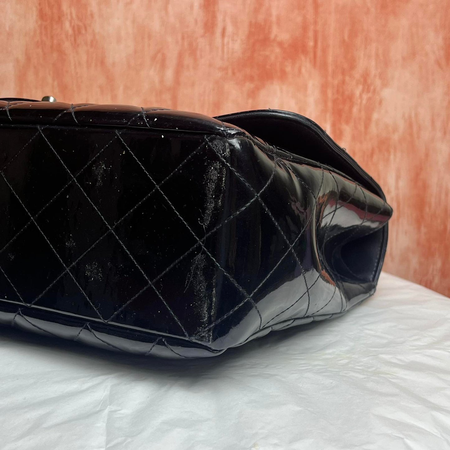 Chanel Classic Jumbo Flap, Patent – Black – 8"H x 12"L x 3.5"W