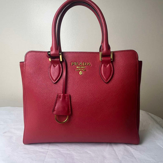 Prada Saffiano Tote – Red – 9.4"H x 13.4"L x 6.3"W