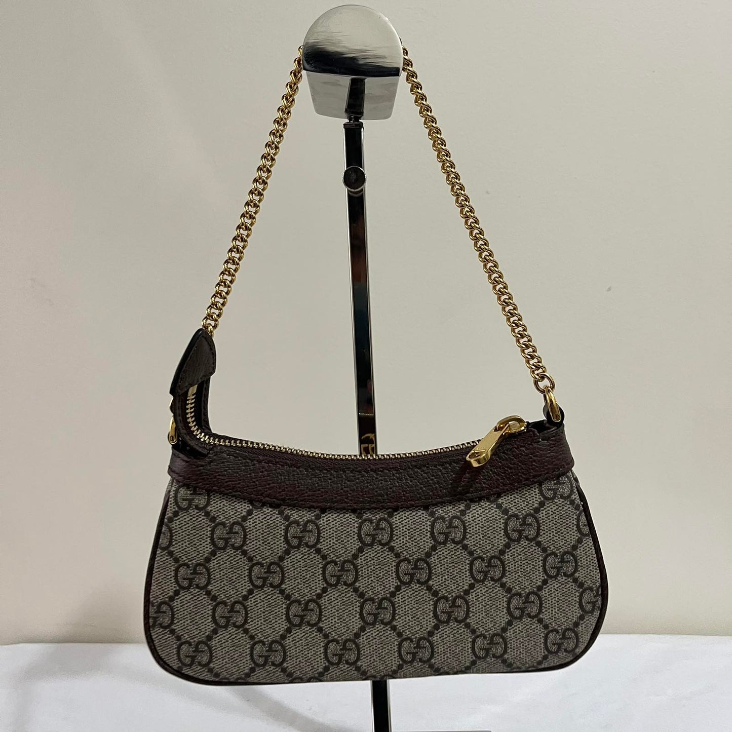 Gucci Ophidia Mini Bag, Beige and Ebony Canvas – 6.5"H x 7.5"L x 2"W