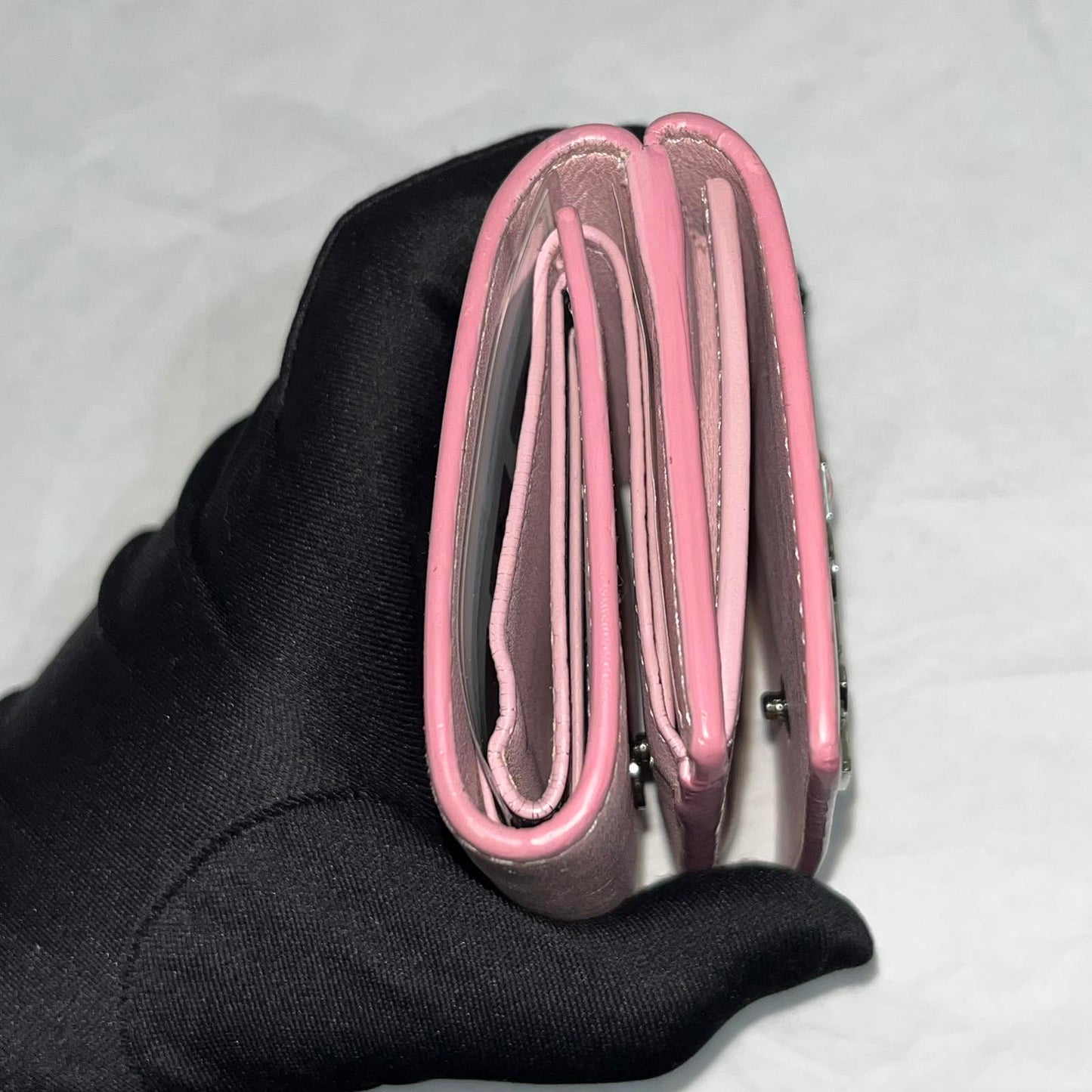 YSL Tri-Fold Wallet, Pink – 3.5"H x 5.5"L x 1.2"W