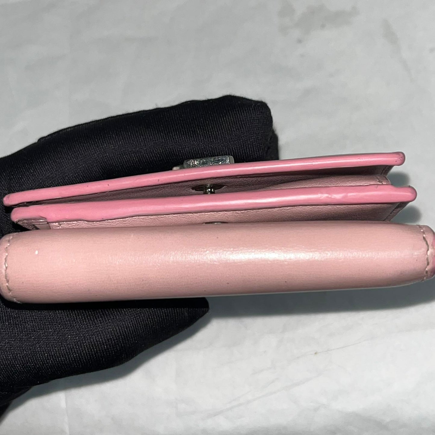 YSL Tri-Fold Wallet, Pink – 3.5"H x 5.5"L x 1.2"W