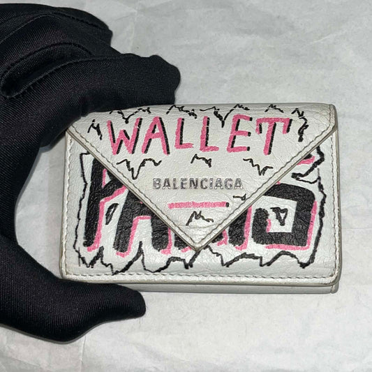 Balenciaga Papier Mini Wallet Graffiti, White – 2.6"H x 3.9"L x 1"W