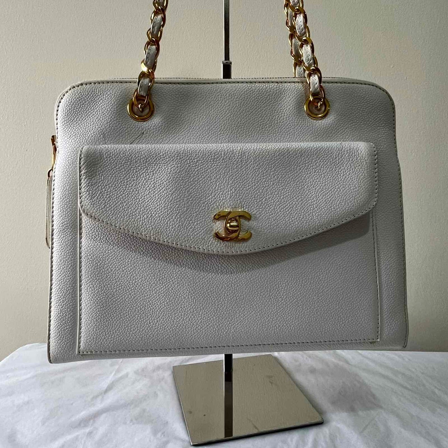Chanel Caviar Pocket Camera White – 5.5"H x 7.5"L x 2.5"W