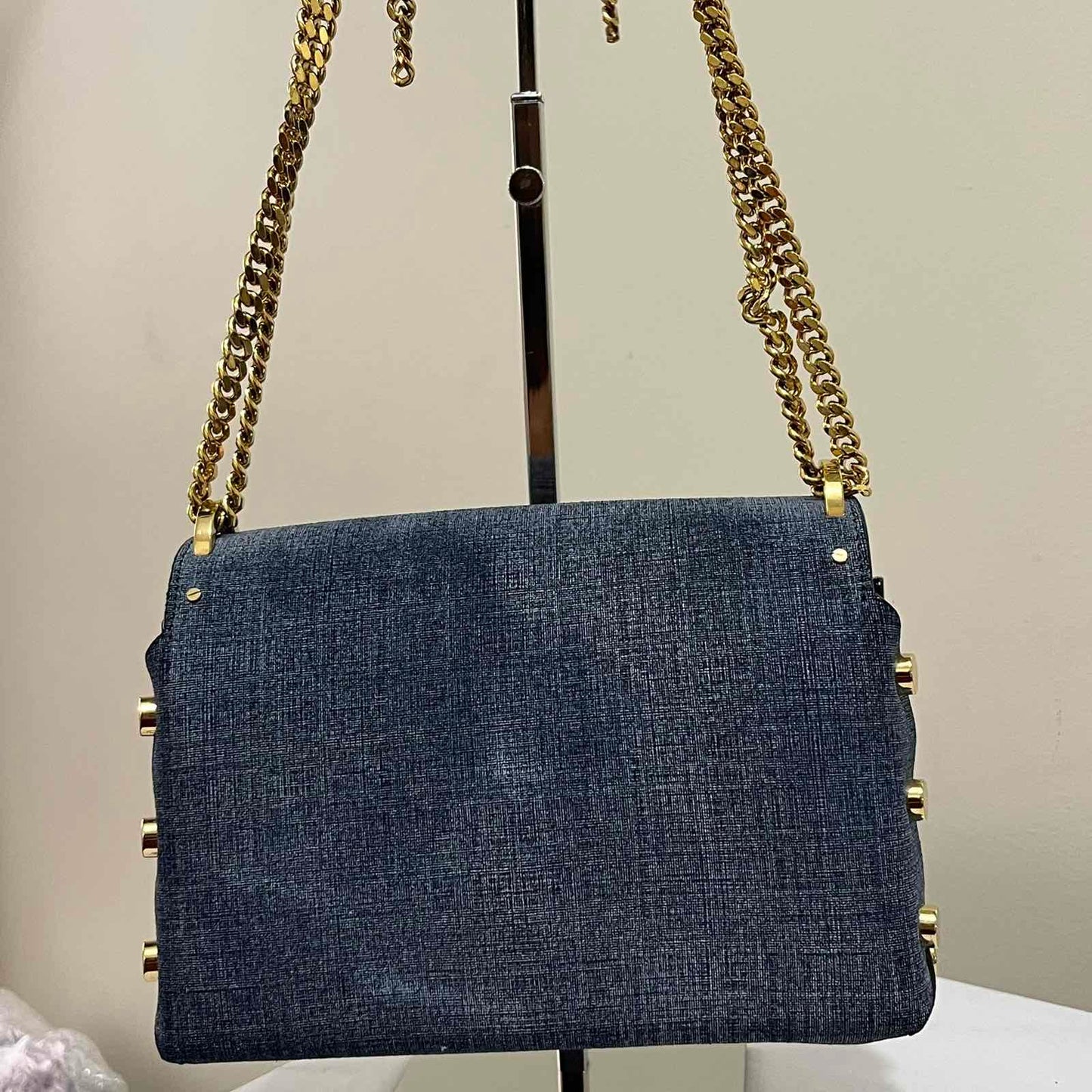 Jimmy Choo Denim Chain Bag – 5.9"H x 9.1"L x 2.4"W