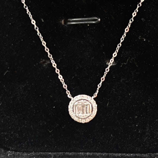 Baguette Cut & Round Brilliant Diamond Halo Pendant